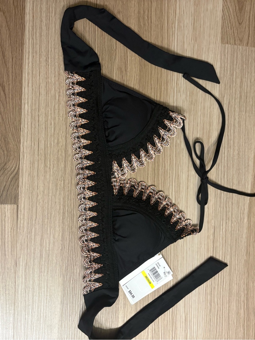 Becca Swim Layla Halter Triangle Bikini Top Black Medium Bohemian Crochet - Picture 2 of 10